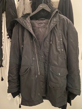All Saints Long Bomber Jacket Parka Black Shearling
